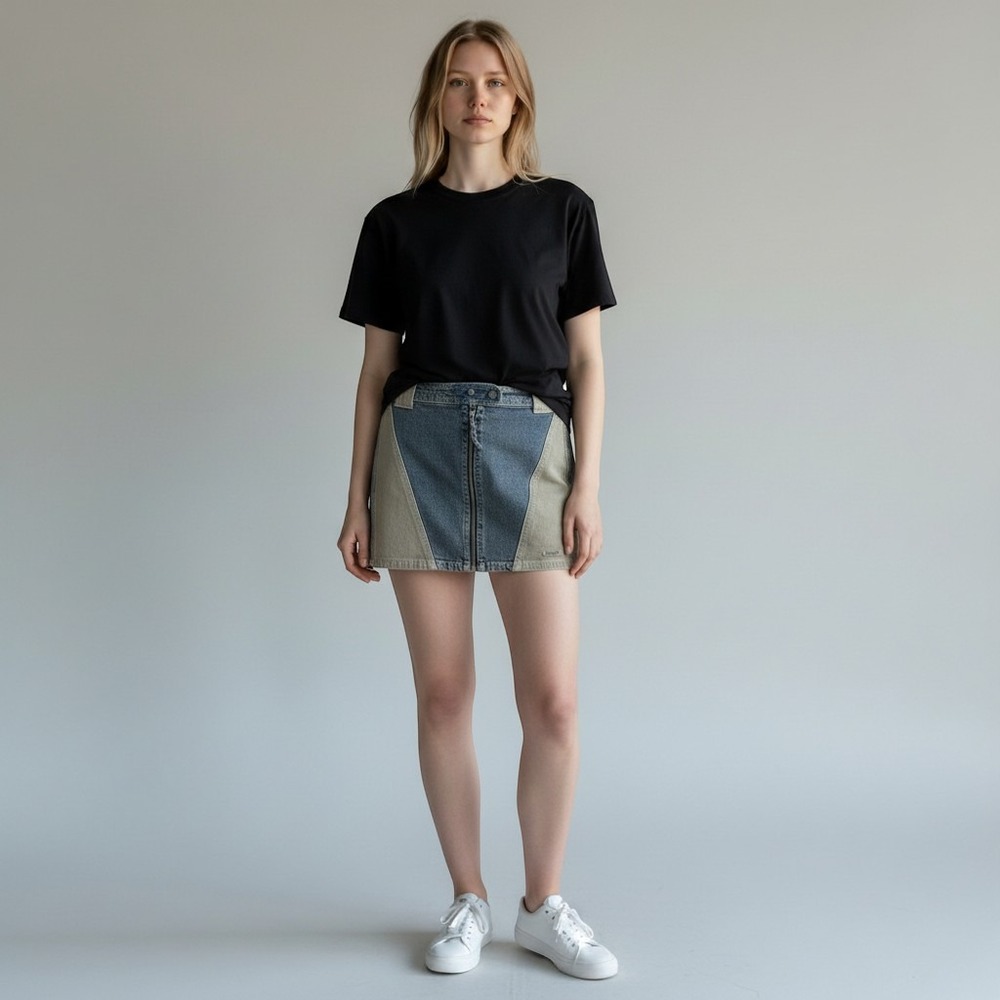 BDG Urban Outfitters Two Tone Patchwork Denim Mini Skirt Blue Tan Size L NWT